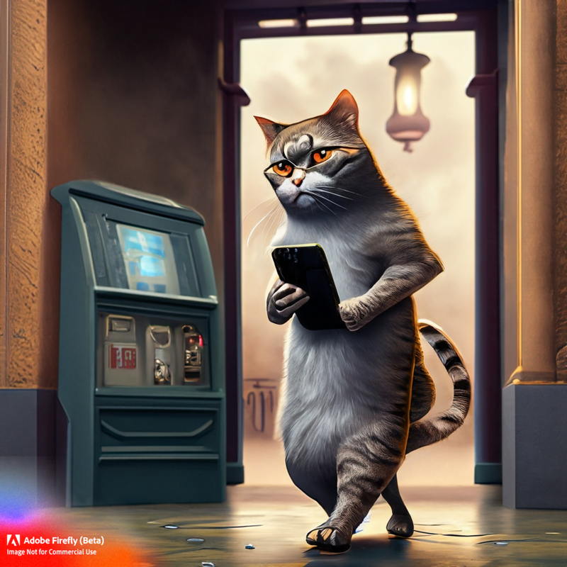 Cat holding a cell phone walking out of a bank. (Adobe Firefly beta)