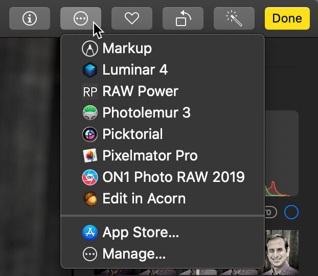 How to access the Editing Extensions menu in the Edit interface in the Photos app.