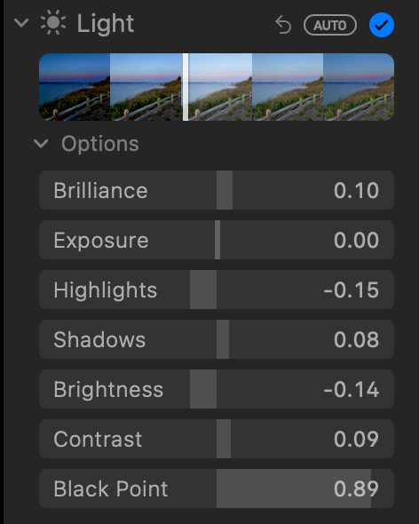 The edit bar at the top of the Light controls in Apple Photos for macOS