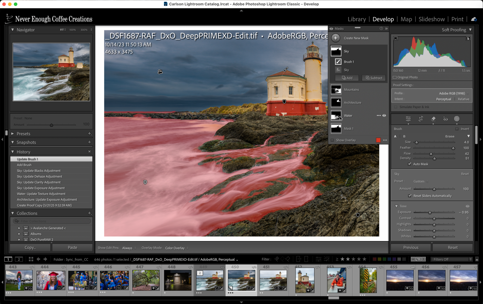 Lightroom Classic has created separate masks for elements in the landscape photo, such as the water (highlighted in red).