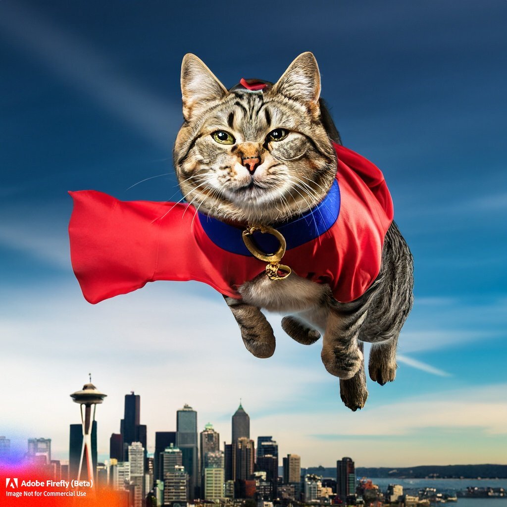 “cat dressed as superman flying over the seattle skyline_photo_”, made using Adobe Firefly beta.