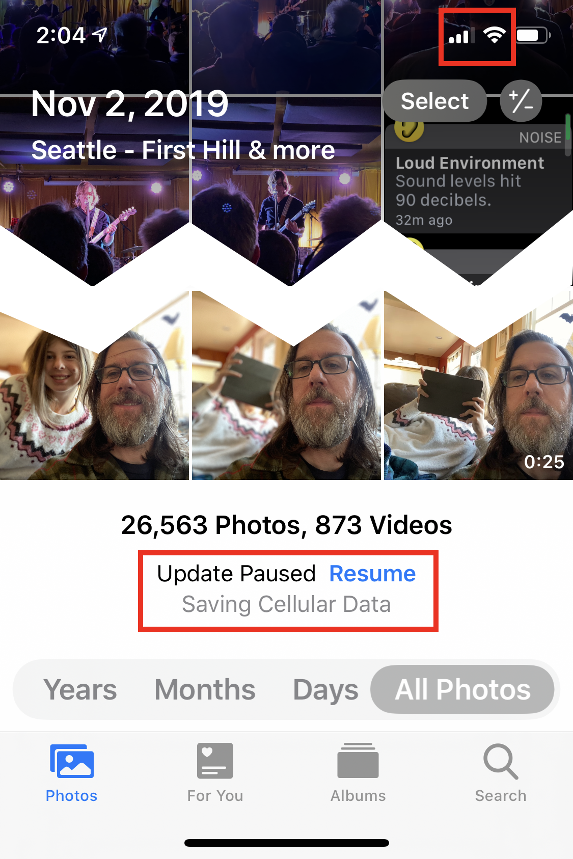 An example of the Photos app needing a manual sync control. The iPhone is connected to Wi-Fi, but Photos doesn’t seem to realize it.