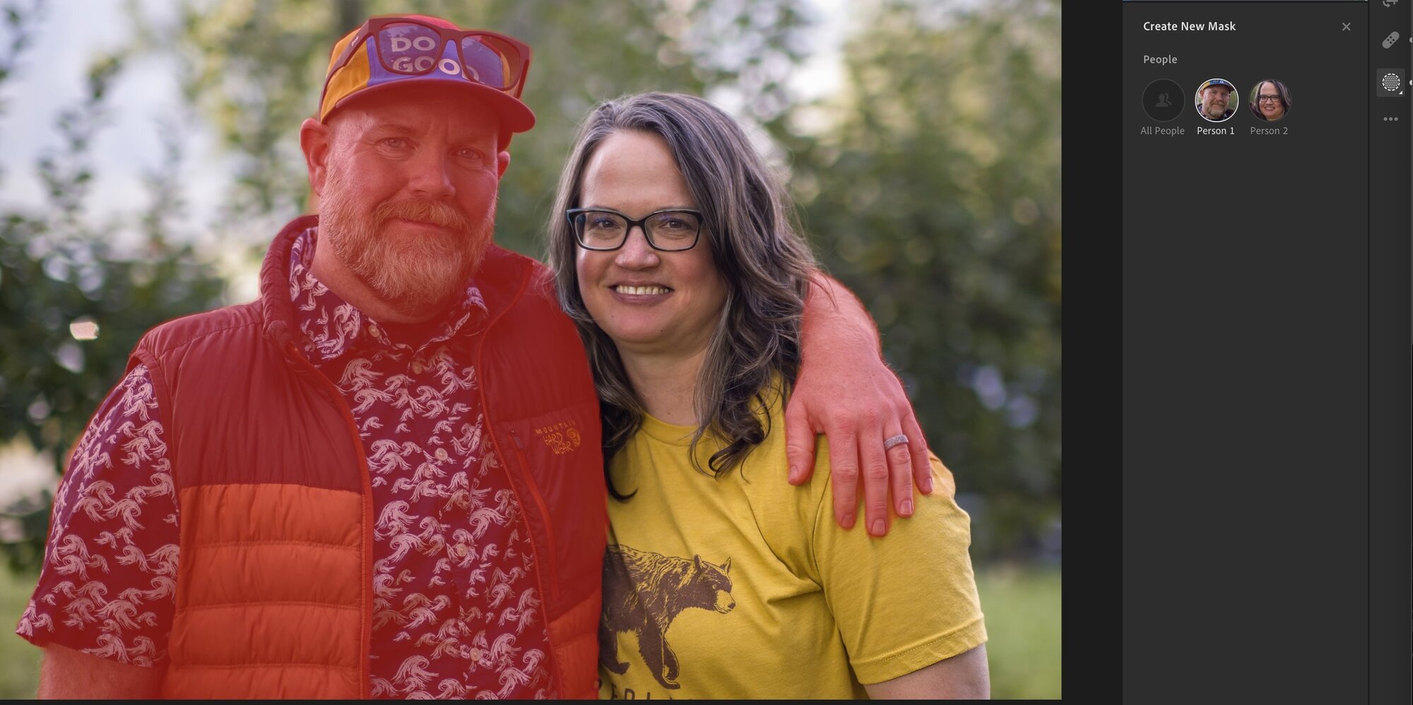 Lightroom has automatically detected the man’s arm and included it in the people mask (in red) for him. (Photo by Jeff Carlson)