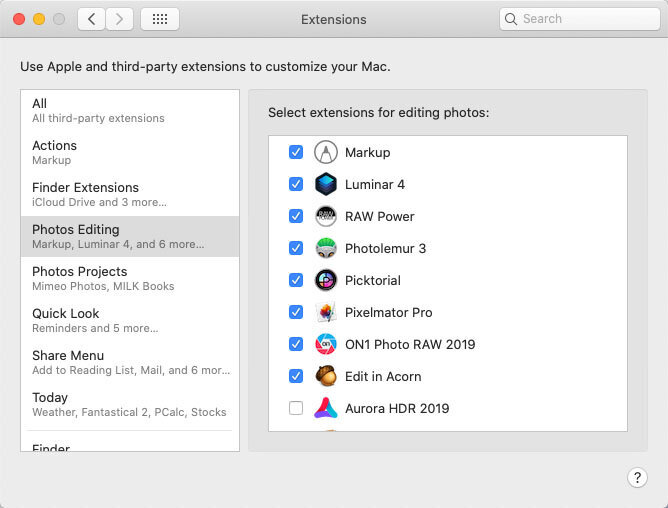 The Photos Editing section of the Extensions preference pane in macOS.