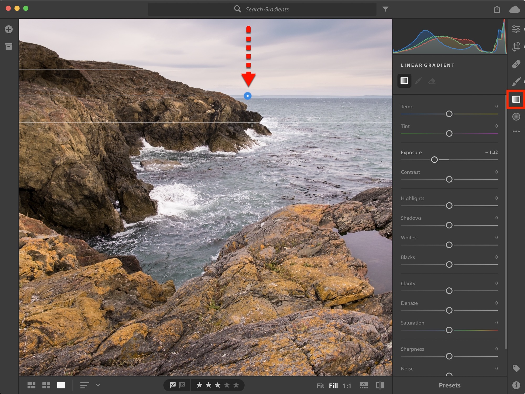 To selectively edit the sky, I chose the Linear Gradient tool, dropped the Exposure value, and then dragged from the top of the screen to create the gradient. The sky gains definition, and the gradient blends in with the ocean area.