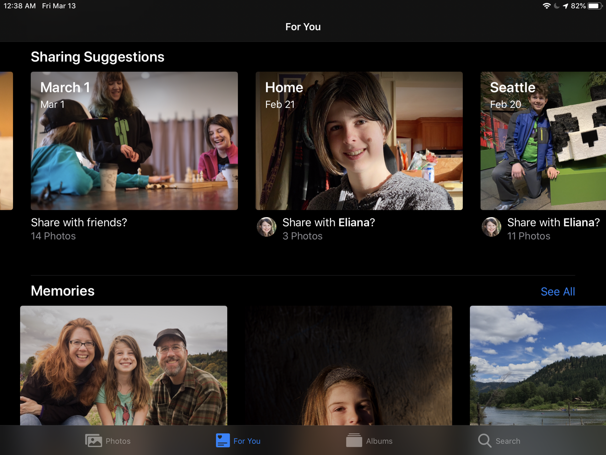 Sharing Suggestions in the For You panel of Photos on an iPad