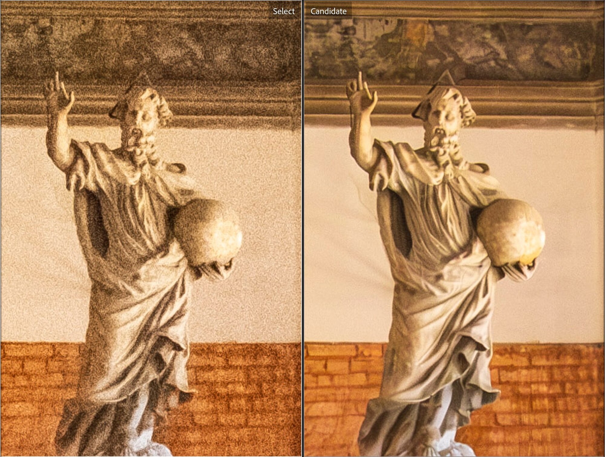 A close-up comparison of the original (left) and the denoised version (right).