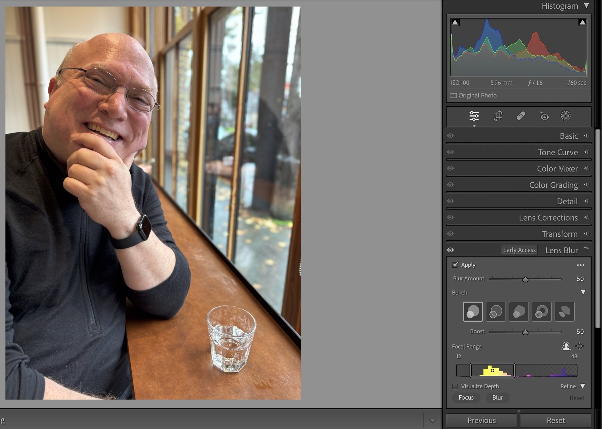 Lens blur added to an iPhone Portrait mode image in Lightroom Classic.