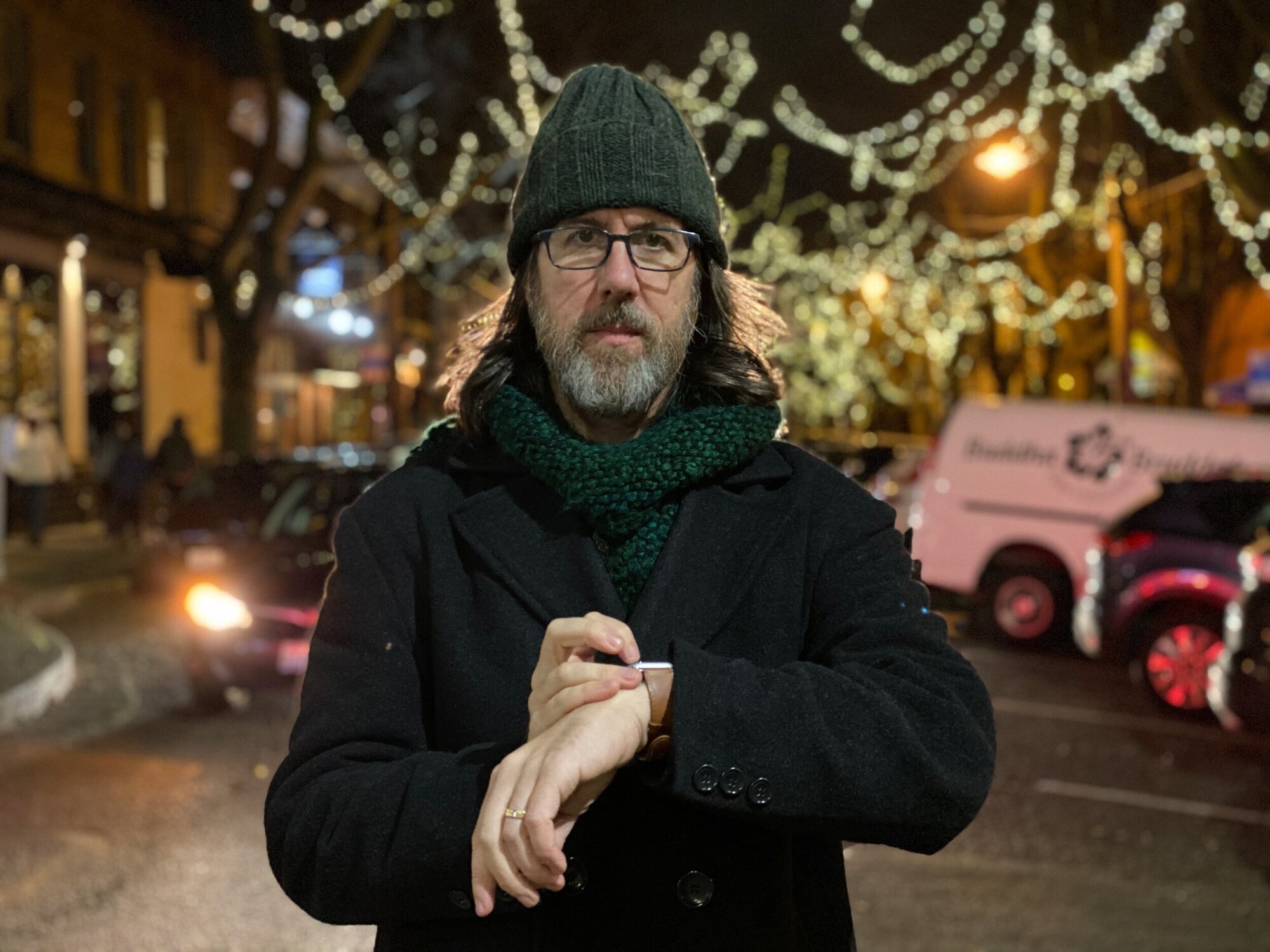 Action shot of Jeff triggering the iPhone 11 Pro camera using his watch. (Don’t worry, he was standing on a sidewalk, not cluelessly in the middle of the road.)