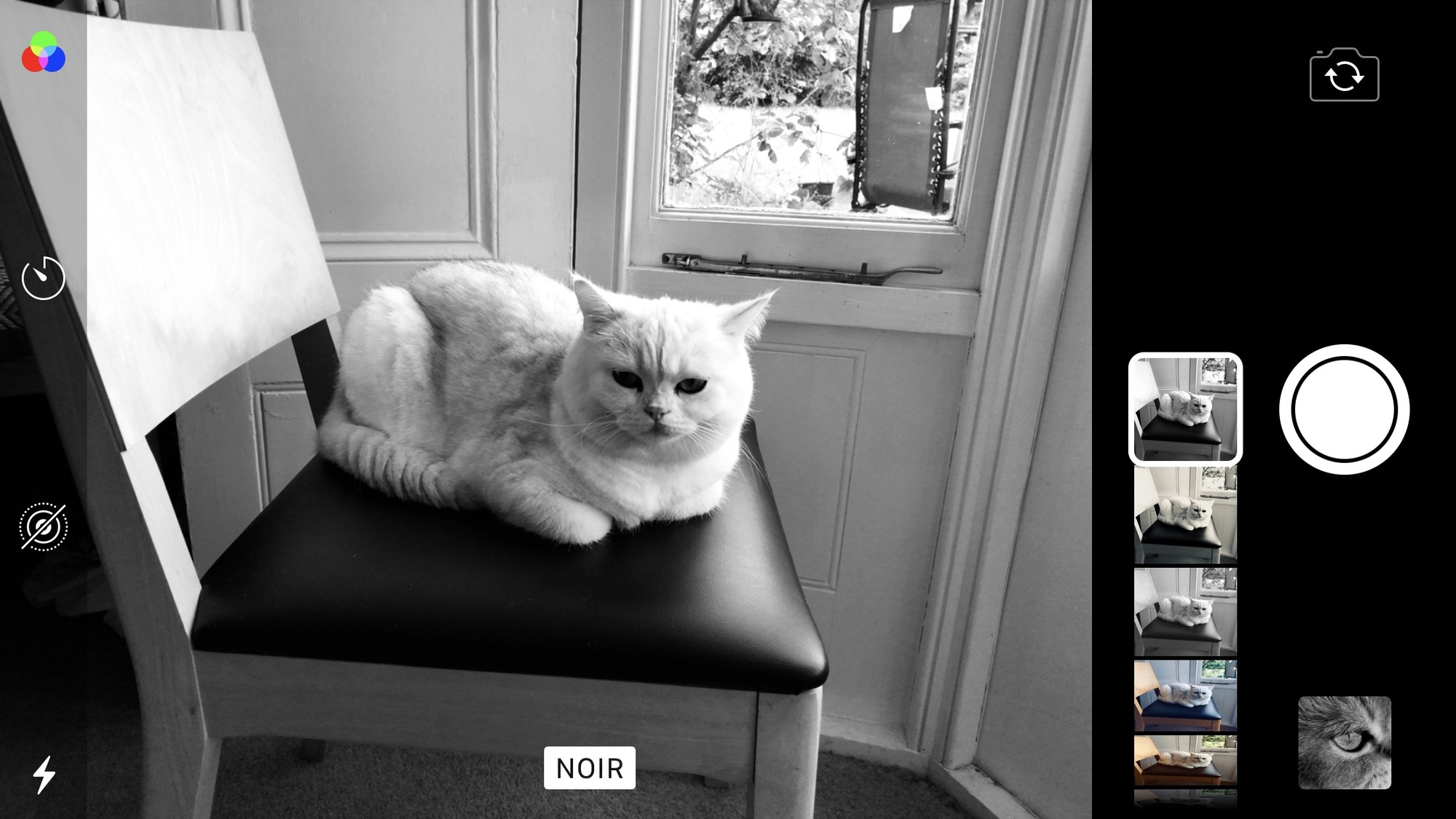 You can shoot in black and white on an iPhone using a filter; here, the Noir filter.