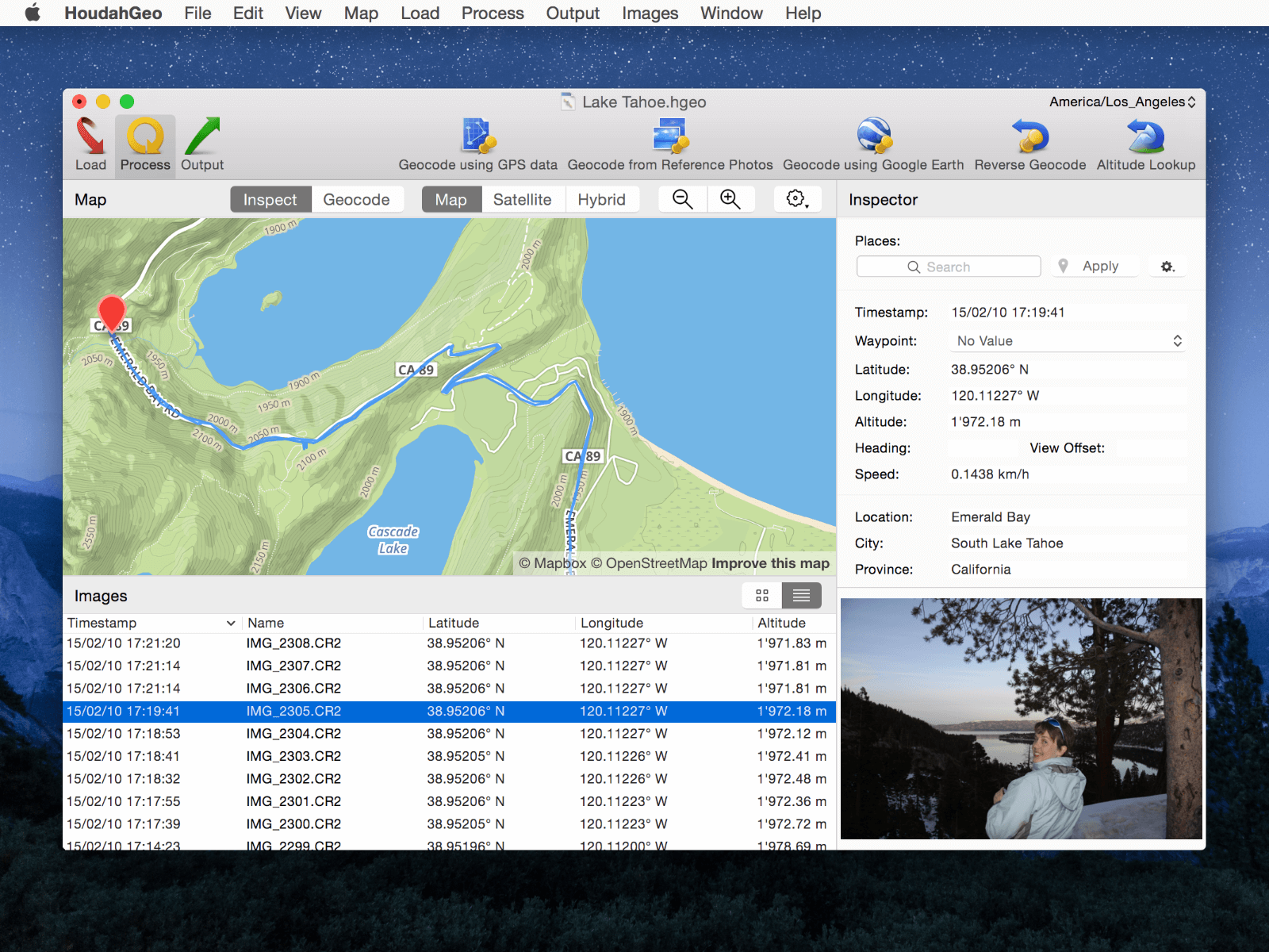 Tracklog synced with photos in HoudahGeo  Photo: Houdah