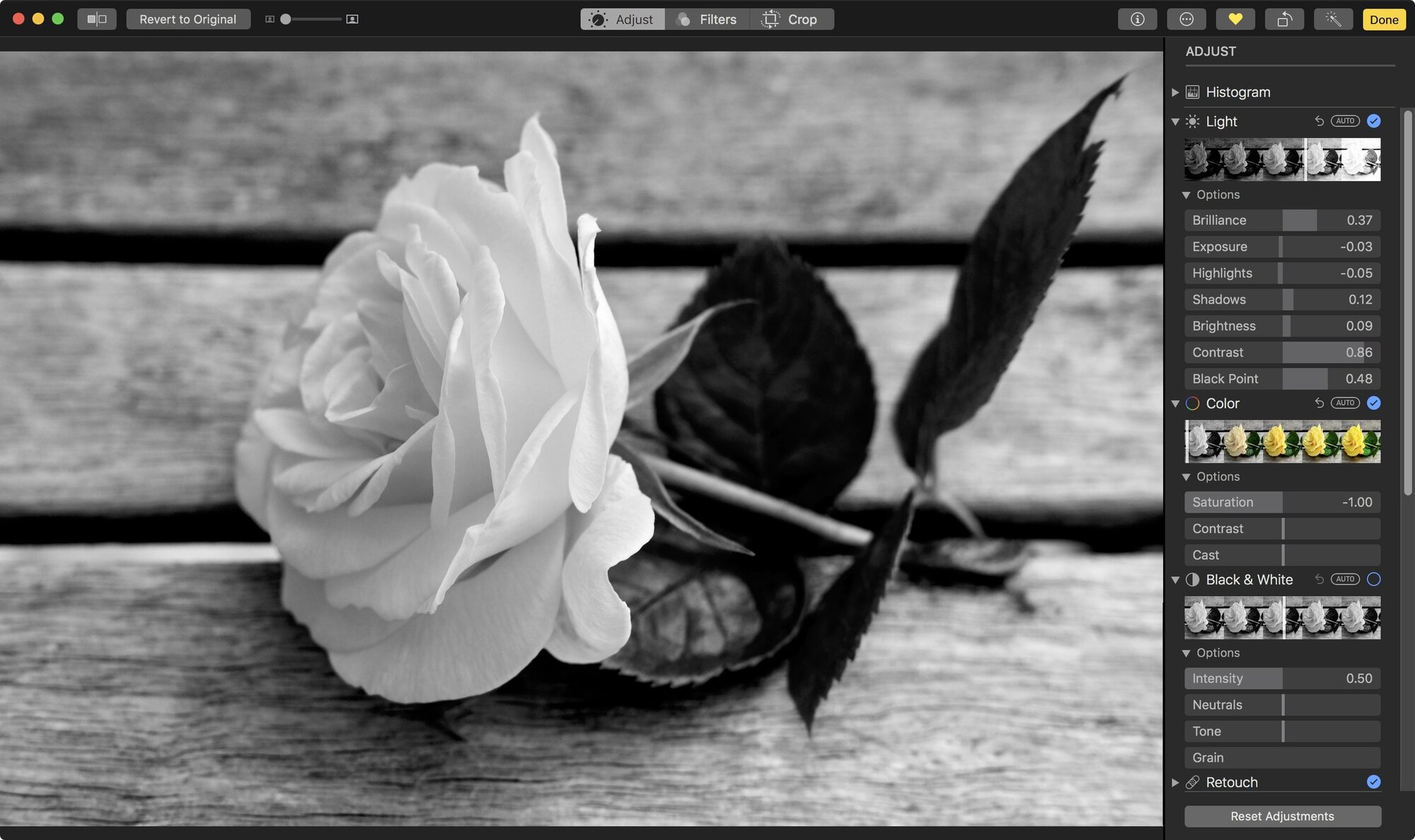 This photo was desaturated, then adjustments were made to contrast, brilliance, etc.