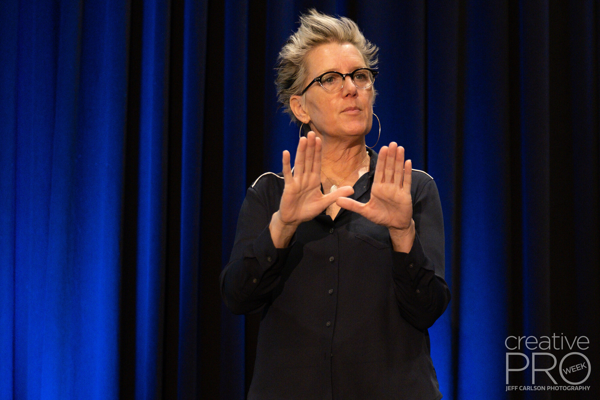Speaker Lisa Carney at CreativePro Week 2019 Camera: Fujifilm X-T3 Shutter speed: 1/160 sec Aperture: f/2.8 ISO: 4000 Lens: Fujifilm XF 50-140mm f/2.8 LM OIS WR Photo: Jeff Carlson, courtesy of CreativePro Week