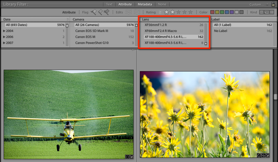 Filtering by specific lenses in Lightroom Classic CC